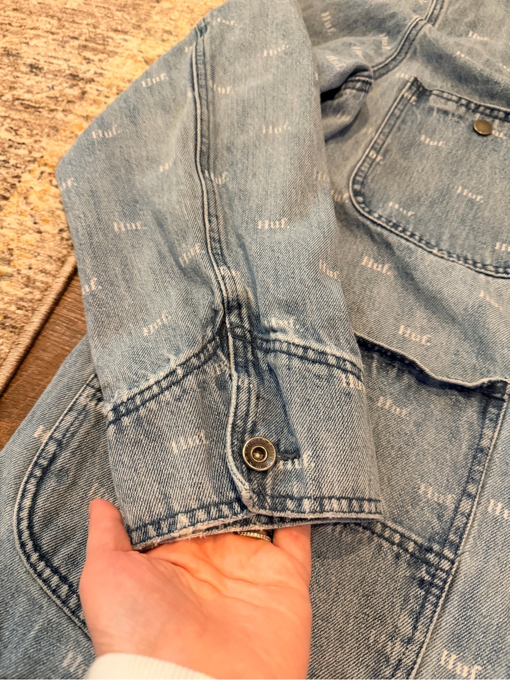 HUF Denim Chore Jacket XL All Over Logo Print Button Front Workwear - Picture 5 of 8